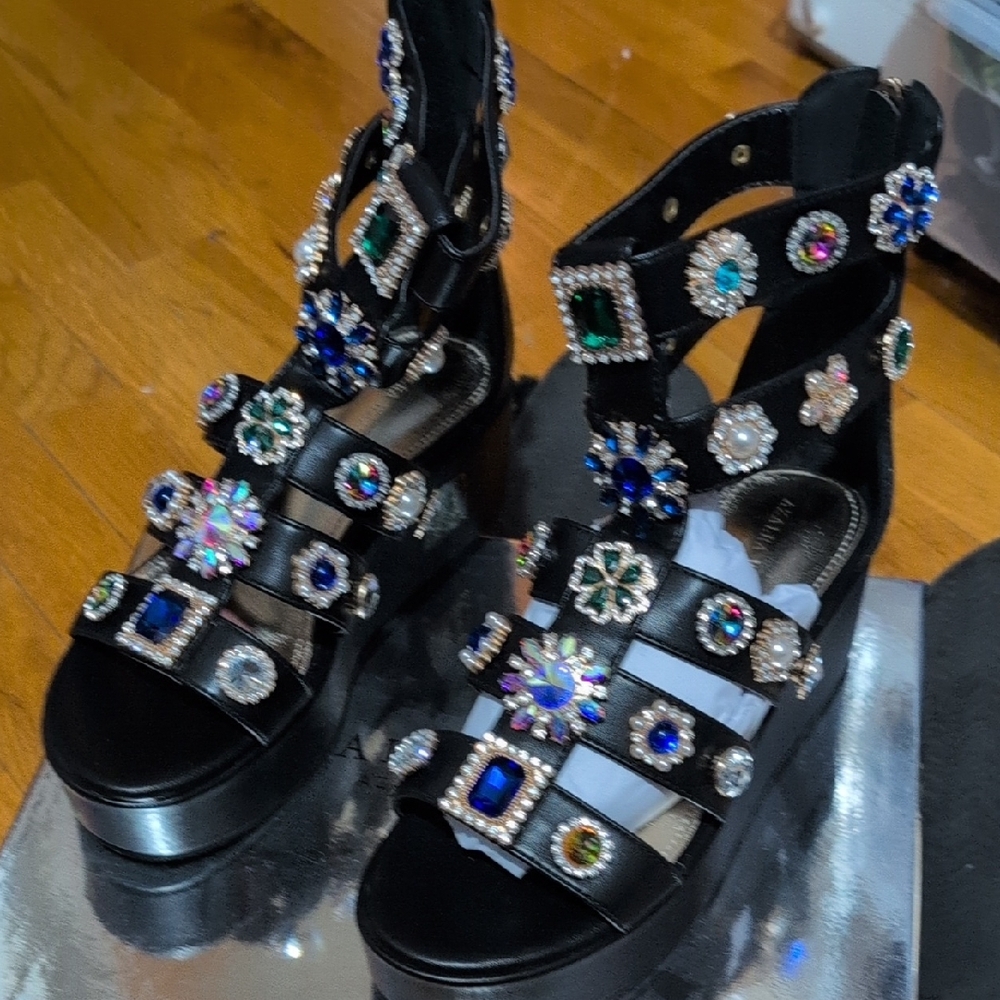 Embellished Black Platform Sandals